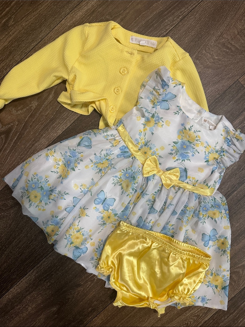 Nannette Yellow and Blue Floral Party Dress with Yellow Knit Cardigan